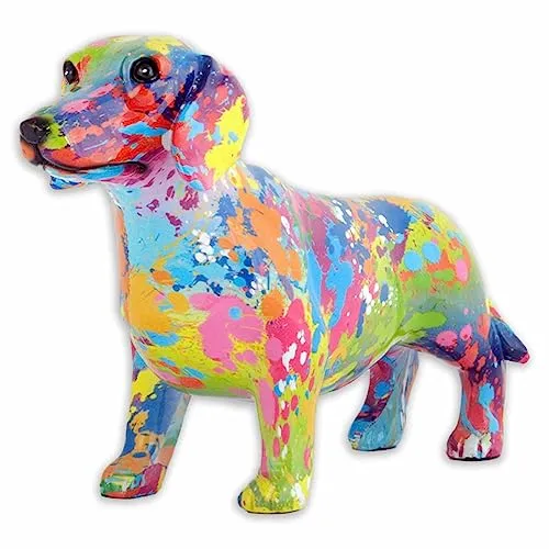 MONKIMAU Dackel Figur mit bunten Farbpunkten Handgemachte Dachshund aus Kunstharz Deko Wohnzimmer Garten Küche Tisch Teckel Skulptur 26 x 8 x 15cm
