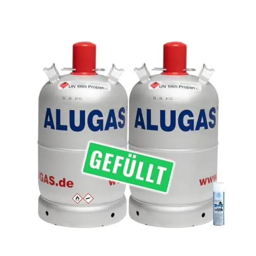 Bluecraft 2X Alu Propangas Flasche 11kg - Leicht und handlich - Gasflaschen aus Aluminium, ideal für Grillen und Camping, mit hoher Verdampfungsleistung und inkl. Lecksuchspray für maximale Sicherheit.