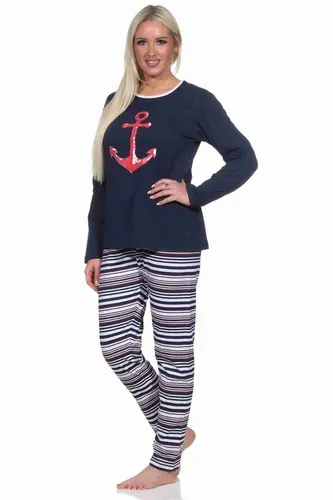 Normann Pyjama Damen langarm Schlafanzug in maritimer Optik, Oberteil mit Ankermotiv