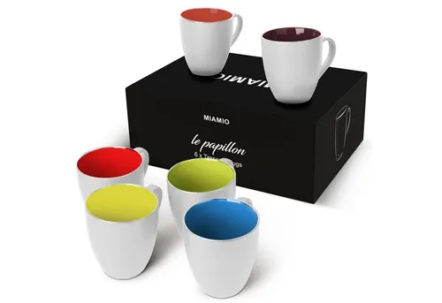 MiaMio Tasse Set 6 x 350 ml - Bunte Kaffeetassen - Tassen Set aus 6 hochwertigen Steingut-Kaffeetassen, matt-weiß außen und farbig glänzend innen. Perfekt für den täglichen Gebrauch und ideal zum Verschenken.