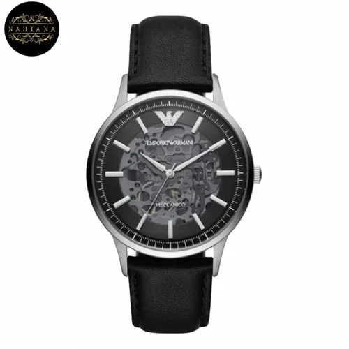 Emporio Armani Herrenuhr Automatikuhrwerk 43mm - Armbanduhren für Herren, elegante Automatikuhr mit schwarzem Lederarmband, wasserdicht bis 50 m und im klassischen Design.