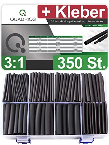 QUADRIOS GmbH | 350 Stück Schrumpfschlauch Set | Mit Kleber | Schrumpfrate 3:1 | Industriequalität, Halogenfrei, Wasserdicht, KFZ-geeignet, Sortiment mit verschiedenen Größen, Schwarz