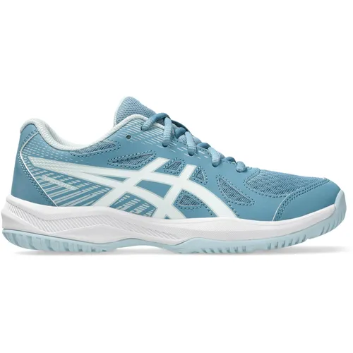 ASICS UPCOURT 6 GS Hallenschuh für Mädchen, Gr. 39,5 in Saba Blau/Weiß - Optimale Leistung mit den ASICS Hallenschuhen für Mädchen. Ideal für Handball und Volleyball, bieten sie rutschfeste Gummisohlen und atmungsaktives Obermaterial für besten Komfort beim Spiel.