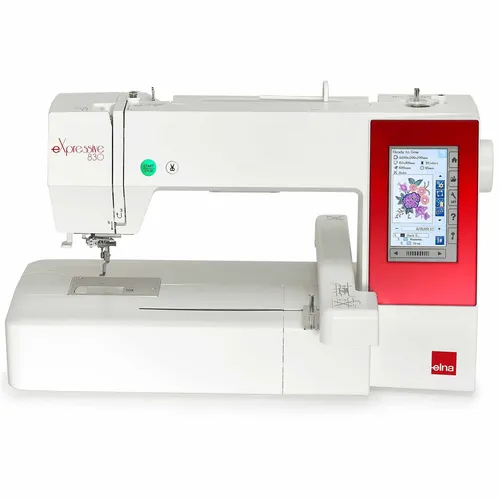 Elna eXpressive 830 Stickmaschine mit integrierten Stickdesigns - Stickmaschine für kreative Projekte, inklusive drei Stickrahmen in verschiedenen Größen für vielseitige Anwendungen.