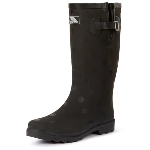 Trespass Elena Gummistiefel mit Punkten (BPD) – Schwarz, Größe 39 - Stylische Damen-Gummistiefel mit hohem Schaft, verstellbarem Schnallenriemen und rutschfester Sohle. Ideal für Festivals und Outdoor-Aktivitäten, bieten sie sowohl Komfort als auch modischen Ausdruck.