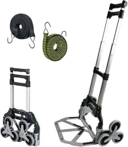Pejevir Sackkarre Treppensteiger Klappbar, Transportkarre Aluminium bis 70kg/125kg, Faltbare Treppenkarre, 2 Expanderseil, Verstellbarem Griff, Ladefläche mit Anti-Rutsch-Pads
