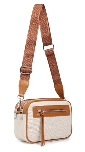 ITALYSHOP24 Damen Tasche Schultertasche Cross Over Body Bag Canvas Umhängetasche Brusttasche Muster Gürtel Bodybag Damentasche Handtasche Brieftasche Reise Kunst-Leder Cognac