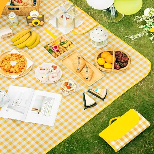 TFSZE Picknickdecke campingdecke,Outdoor Picknickdecke, Picnic Blanket mit Tragegriff Faltbare,wasserdichte Stranddecke,Tragbare Strandunterlage,für 4-6 Personen im Park,Strand,Gelb Kariert-150x200cm
