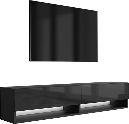 TV-Lowboard 170 cm Mattschwarz / Hochglanzschwarz, weiße LED, 170 × 32 × 34 cm