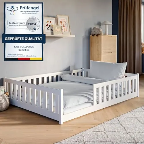 Kinderbett Bodenbett 140x200 cm mit Matratze und Rausfallschutz - Montessori Bett aus FSC-zertifiziertem Kiefer-Vollholz, sicherer Rausfallschutz und stabile Lattenroste, ideal für ruhige Nächte und spielerisches Lernen.