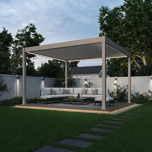 Weide Deluxe Plus Pavillon 3,6x4 m - Stabiler Garten Sonnenschutz mit elektrischem Lamellendach - Pavillons: Freistehende Pergola mit robuster Aluminiumkonstruktion, wetterbeständig und elegant in Ivory Sand. Regulieren Sie Sonneneinstrahlung bequem per Knopfdruck!