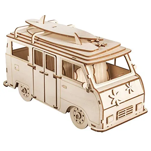 3D Holzbausatz Campingbus 30x13x17cm - Bastelholz - 77-teiliges Modellauto aus hochwertigem Holz, perfekt für kreative Geldgeschenke und Bastelprojekte.