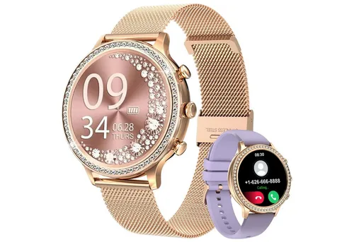 Refttenw Armbanduhr Damen mit Telefonfunktion,1.32in Diamant Fitnessuhr,2 Gurte Smartwatch, IP67 wasserdicht