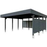 Skan Holz Carport Friesland Hybrid 557 cm x 555 cm Anthrazit - Moderne Flachdach-Carport aus imprägniertem Nadelholz und robusten Aluminium-Trapezprofilen, ideal für optimalen Schutz Ihres Fahrzeugs.
