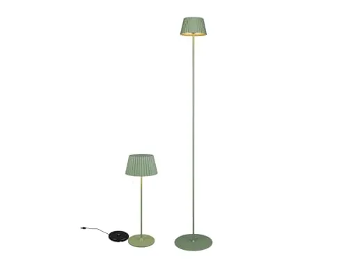 SET: Kleine Akku Stehlampe & Tischleuchte in Grün - Außenbeleuchtung - IP 44 Outdoor Stehleuchte (123cm) und Tischlampe (39cm) in Pistaziengrün, kabellos mit 6 Stunden Leuchtdauer, stufenlos dimmbar über Touch-Dimmer.