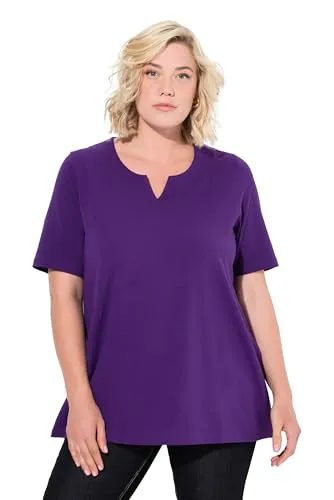 Ulla Popken Damen Plus Size T-Shirt A-Linie mit Tunika-Ausschnitt - Bequemes T-Shirt in tiefem Violett, ideal für große Größen. Der feminine Tunika-Ausschnitt und der elastische Baumwolljersey sorgen für optimalen Tragekomfort und eine perfekte Passform.