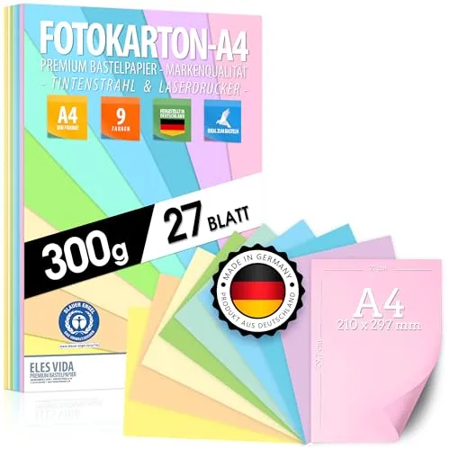 Buntes Papier Pastell Fotokarton DIN A4 – 300g - 9 Farben – Festes Papier - Farbige Pastel Blätter, Kinder & DIY Bögen, Bastel, Pastellfarben 27 Blatt - BLAUER ENGEL zertifiziert - MADE IN GERMANY