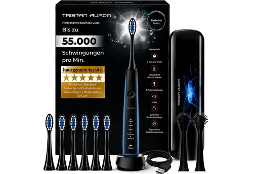 Tristan Auron Schallzahnbürste Elektrische Zahnbürste UV-Etui 55 000 VPM 2 Min Timer 60 Tage Akku, Aufsteckbürsten: 6 St., 6x Bürstenköpfe, 1x elektrische Zahnbürste, 1x UV-Case, 1xLadestation, UV Reinigungsgerät, 5 Modis, extrem leise <65db, IPX7 Wasserdicht