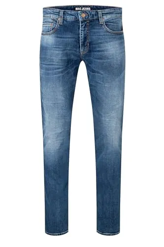 MAC Herren Jeans Greg Tapered Fit Stretch Denim - Mid Blue Vintage Wash - Hochwertige Jeans aus elastischem Candiani Denim, mittlere Qualität mit softem Handfeel. Tapered Fit für bequemen Sitz und schmal zulaufendes Bein.