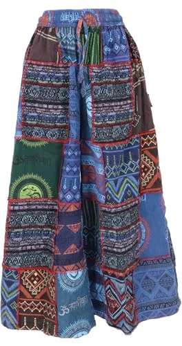 GURU SHOP Bequeme Palazzohose - Weite Patchwork Marlenehose in Blau/Bunt - Damen-Hosen aus weicher, vorgewaschener Baumwolle mit einzigartigem Patchwork Design für einen individuellen Look und hohem Tragekomfort dank elastischem Bund.