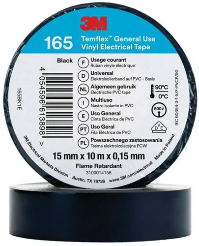 3M 7100184723 Temflex Vinyl-Isolierband 165 - 15 mm x 10 m, professionell und flammhemmend, ideal für Innen- und Außenanwendungen