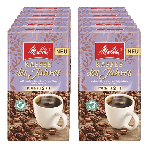 Melitta Kaffee des Jahres 500 g, 12er Pack - Vollmundiger gemahlener Röstkaffee mit nussiger Note, ideal für Filterkaffee-Liebhaber. Kräftiger Röstgrad, Stärke 4, perfekt für den täglichen Genuss.