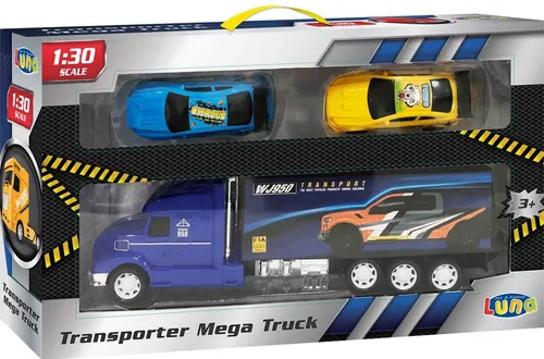 Diakakis Spielzeug-Transporter Lastwagen 40cm Hauben LKW Auflieger 2 Rennwagen