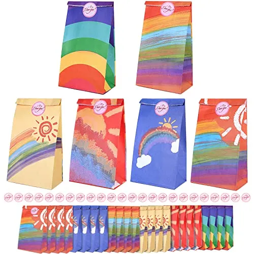 Romon Papiertüten Kindergeburtstag, 24 Stück Kleine Bunt Geschenktüten mit 24 Aufkleber, Regenbogen Kraftpapier Tüten für Verpacken von Geschenken, Giveaways,Party, Feiern,Hochzeit