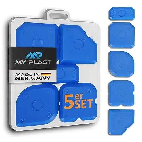 My Plast Fugenglätter Set - 5er-Pack Fugenspachtel - Kunststoff-Abzieher für Silikon- & Acryl-Fugen, Ecken, Kanten - Professionelles Fugenfüller-Werkzeug, mit Fasen, Radius-Markierungen, Set - Blau