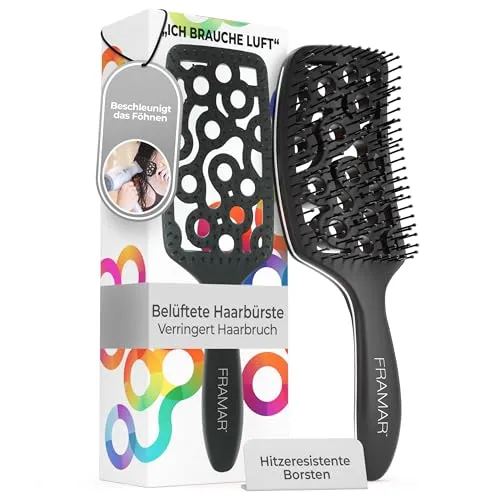 FRAMAR Schwarz Haarbürste Ohne Ziepen - Haarbürste Föhn, Haarburste Zum Föhnen, Haarburste Damen, Wet Hair Brush, Entwirrbürste Lange Haare, Vent Bürste, Bürste Haare