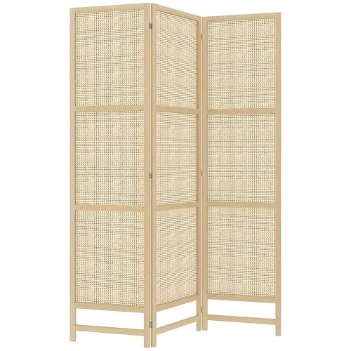 HOMCOM Paravent 3-teilig – Faltbarer Raumteiler aus PP Rattan - Eleganter Sichtschutz für Wohnzimmer, Schlafzimmer oder Büro mit robustem Kiefernholzrahmen und faltbarem Design für flexible Raumgestaltung.