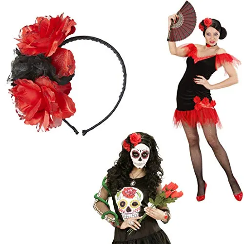 NET TOYS Rosen Haarreif Blumen Haarschmuck rot-schwarz Tag der Toten Haarreifen Rose Dia de los Muertos Kopfschmuck Halloween Gothic Schmuck La Catrina Diadem
