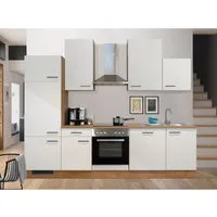 Flex Well Küchenzeile Vintea 280 cm - magnolia matt, reversibel - Küchenzeilen mit integriertem Herd, Geschirrspüler und Kühlschrank. Modernes Design und praktische Funktionen für effizientes Kochen und sauberes Geschirr.
