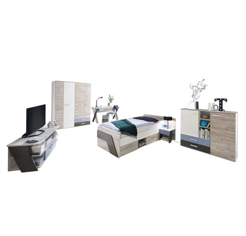 Komplett Set Jugendzimmer Eiche Weiß Lava Blau 90x200 cm - Vielseitiges Komplett Set für Kinder- & Jugendzimmer in modernem Design mit großzügigem Stauraum. Inklusive Kojenbett, Kleiderschrank, Schreibtisch und mehr – alles Made in Germany!