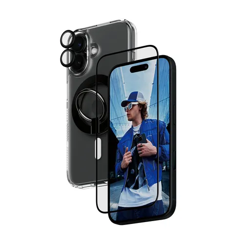 PanzerGlass 4-in-1 Protection für Apple iPhone 16 - Displayschutzfolie mit 360-Grad Schutz, Anti-Fingerabdruck und robustem Splitterschutz. Ideal für dein iPhone 16, MagSafe kompatibel und inklusive Case und Ringhalterung.