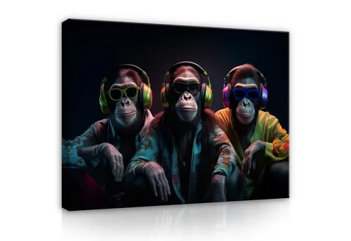 Wallarena Leinwandbild Drei Affen Musik Abstrakt Wohnzimmer Schlafzimmer Wandbild Modern, Art Kunst (Einteilig, 1 St), Wandbilder Küche Wohnzimmer Flur Leinwandbilder Leinwand Bilder