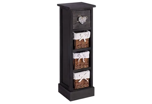 CARO-Möbel Kommode FLOWER - Elegante schwarze Schubladenkommode aus Paulownia-Holz mit 1 Schublade und 3 Körben, ideal für stilvolle Aufbewahrung im Wohnbereich.