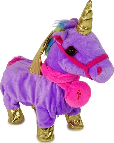 Interaktives Einhorn-Maskottchen, lila Pferd mit goldenen Flügeln