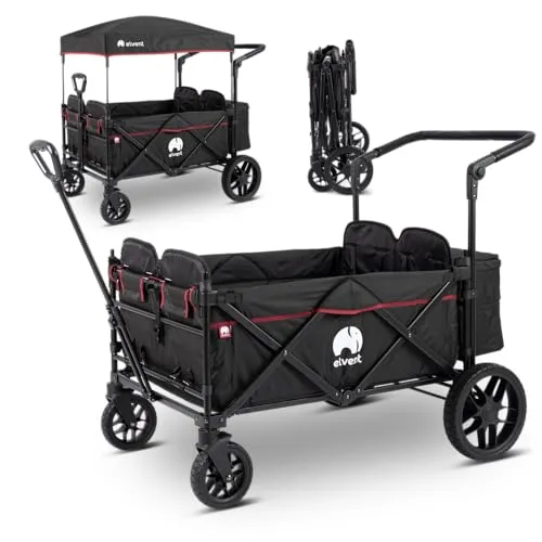 elvent® WagonPro Premium Bollerwagen mit Dach für 4 Kinder - Handwagen für 4 Kinder, faltbar und robust bis 80kg, mit 5-Punkt-Gurt und abnehmbarem Dach für Sicherheit und Komfort.