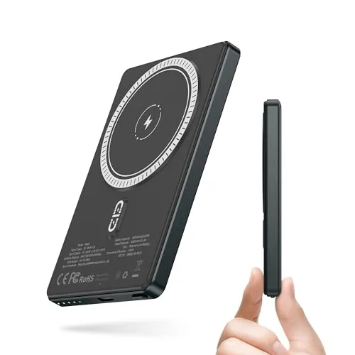 NOHON Mag-Safe Powerbank 5000mAh - Ultradünne 8mm Powerbank mit magnetischer Anziehungskraft, ideal für iPhone 12 und höher. Schnelles Laden mit 20W kabelgebunden oder 15W kabellos - perfekt für unterwegs!