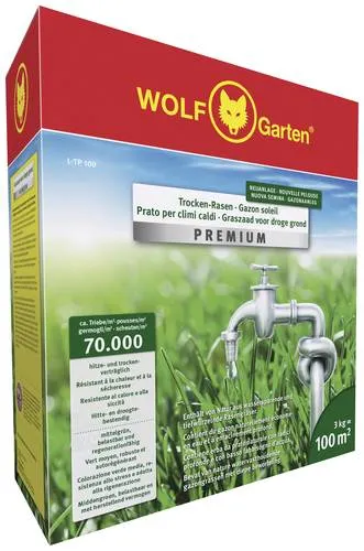 Wolf-Garten Rasensamen L-TP 100 Trocken-Rasen, 3kg - Trockenheitsresistente Premium-Rasensaat für nährstoffarme Böden, ideal für Neuanlagen bis 100m². Profitieren Sie von 25% Cashback und einem strapazierfähigen, wintergrünen Rasen!