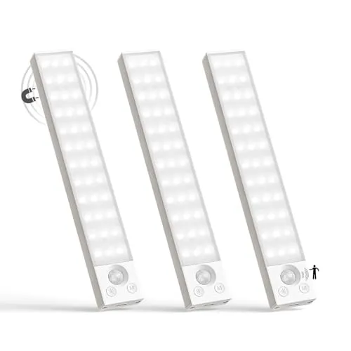 LQWELL® Schrankleuchte mit 36 LEDs und Bewegungsmelder, 22.5 cm, 1500 mAh, Wiederaufladbar, Dimmbar, Schrankleuchte für Küche, Kleiderschrank, Bücherregal, Schlafzimmer (Weiß, 3 Stück)