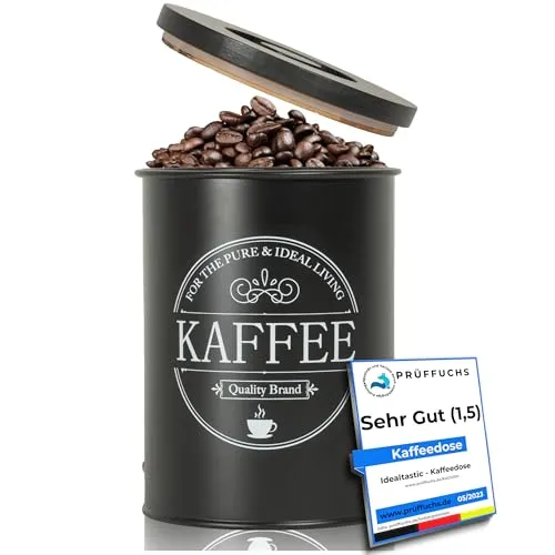 IDEALTASTIC® Premium Kaffeedose luftdicht [500g] für anhaltendes Kaffeearoma I Robuste Kaffeedose für gemahlenen Kaffee & Bohnen mit zeitsparendem Bambus-Deckel I Lebensmittelgeprüfte Kaffeedosen
