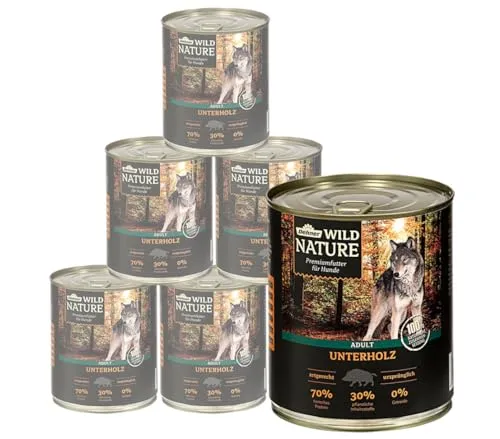 Dehner Wild Nature Hundefutter Unterholz, Nassfutter mit Wildschwein - Getreidefreies Premium Hundefutter für ausgewachsene Hunde mit 70% tierischem Protein, artgerecht und 100% natürliche Zutaten – ideal für eine wolfsgerechte Ernährung.