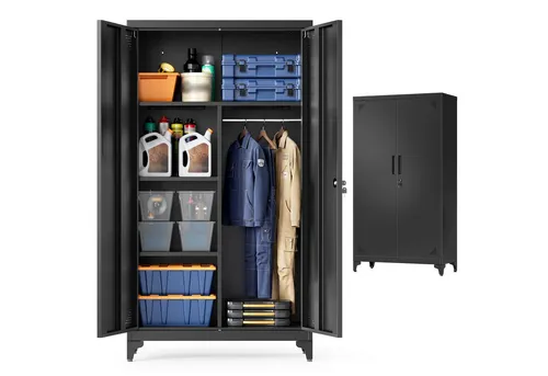 SONGMICS Aktenschrank Mehrzweckschrank mit 5 Fächern und Hängestange - Effiziente Aufbewahrung für Büros und Zuhause: Der robuste Stahlschrank bietet durchdachte Fächer und ein abschließbares Design für Sicherheit. Ideal für Akten, Kleidung oder Werkzeuge!