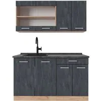 Vicco Küchenzeile R-Line, Schwarz Beton/Goldkraft Eiche, 140 cm - Kompakte Singleküche - Küchenzeilen für kleine Räume, ideal für Wohnungen und Büros. Flexibel und ergonomisch anpassbar mit höhenverstellbaren Füßen für komfortables Kochen.
