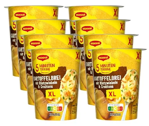 MAGGI 5 Minuten Terrine XL Kartoffelbrei mit Röstzwiebeln und Croutons - Fertiggericht mit herzhafter Mischung, schnell in nur 5 Minuten zubereitet – ideal für Zuhause, im Büro oder unterwegs.