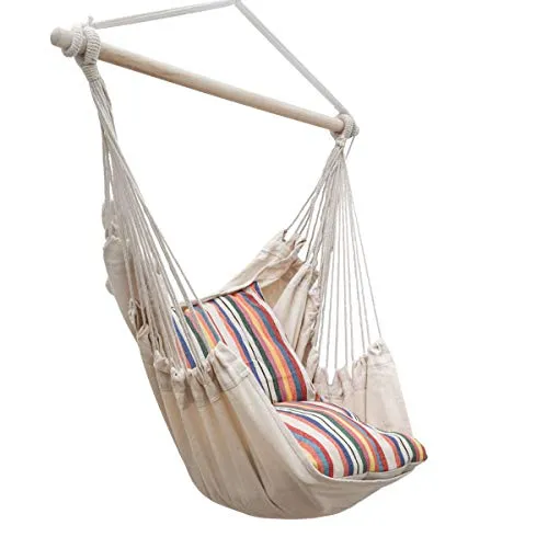 AMANKA Hängesessel mit 2 Kissen - Beige & Bunt gestreift - Hängesessel für Garten und Balkon, inklusive 2 wendbarer Kissen für individuellen Look. Belastbar bis 120 kg, extra breite Sitzfläche für optimalen Komfort.