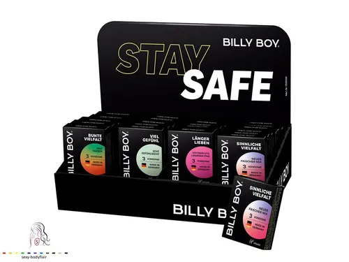 Billy Boy Thekendisplay Kondome, 84 Stück - Kondome für Männer, 84 Stück im Mixsortiment für mehr Spaß, aus Naturkautschuklatex, einzeln elektronisch geprüft und in praktischen Polybeuteln verpackt.