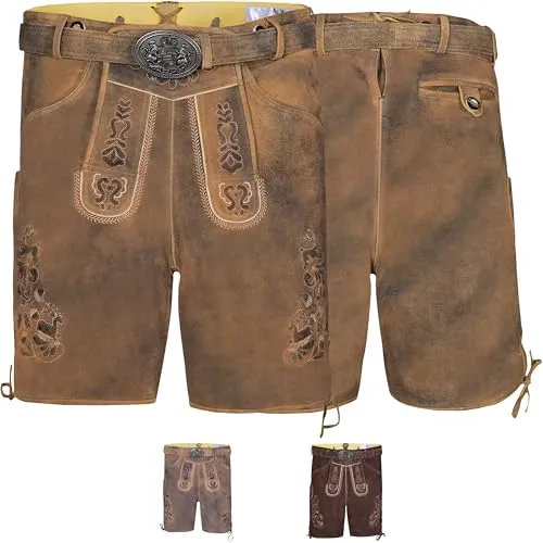 Trachtenlederhose Hans Herren Original 100% Nappa-Wildleder Trachtenhosen - Kurze Lederhosen mit Gürtel in Antik Kastanienbraun - 60